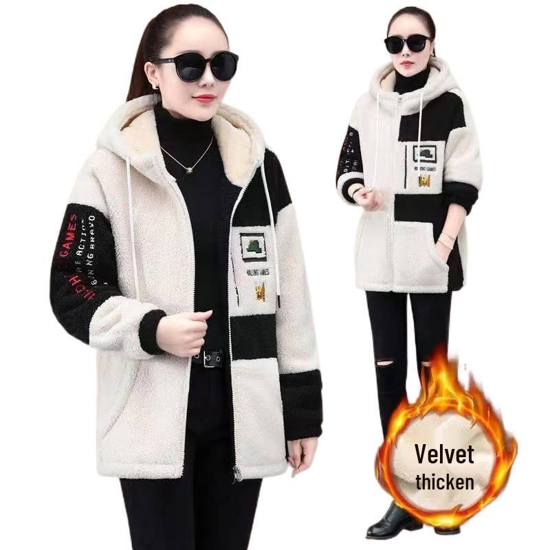 Korean Style Plus Size Mid-Length Lambswool Hoodie for Women - Slimming, Versatile, Thickened, and Cozy.
