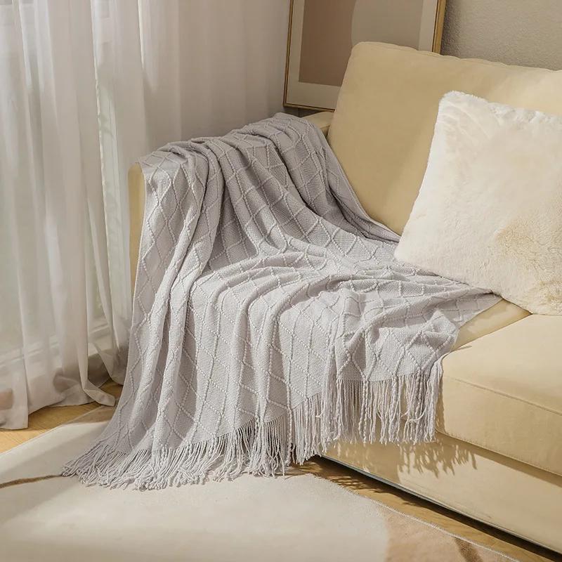 Nordic Knitted Throw Blankets with Tassels Khaki Cream Grey Vintage Blankets Luxury Bed Sofa Couch Oversized Bedspread Cover