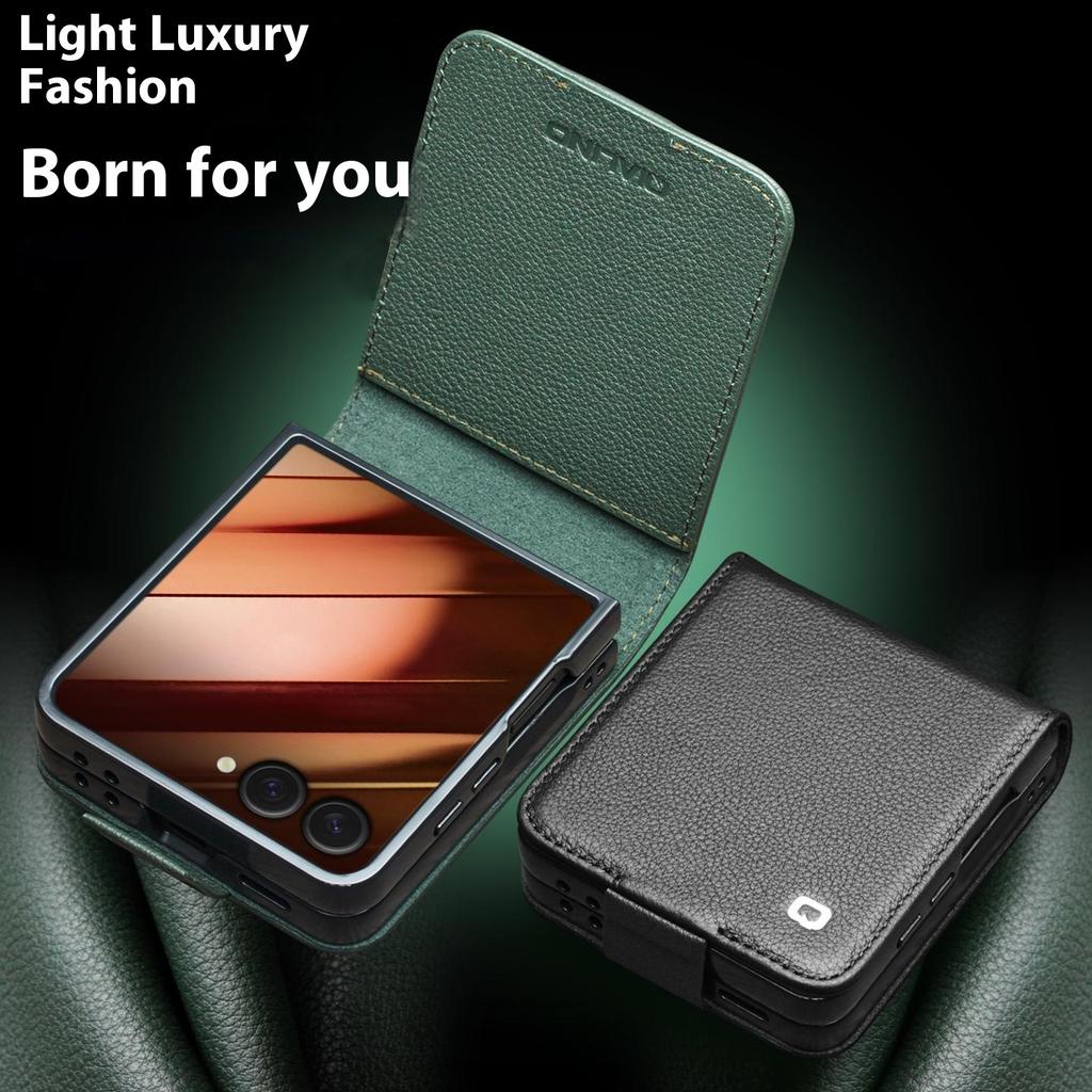 QIALINO Pentru Samsung Galaxy Z Flip7 5G Husă cu Suport pentru Card Piele Naturală de Vacă Suport Husă Telefon