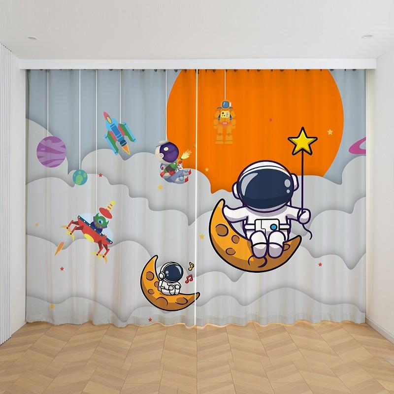 2 szt. Niestandardowe Kreskówkowe Zasłony z Motywem Kosmosu, Rakiety Kosmicznej dla Dziecięcej Sypialni, Salonu, Dekoracji Okiennych, Zasłony Kuchenne