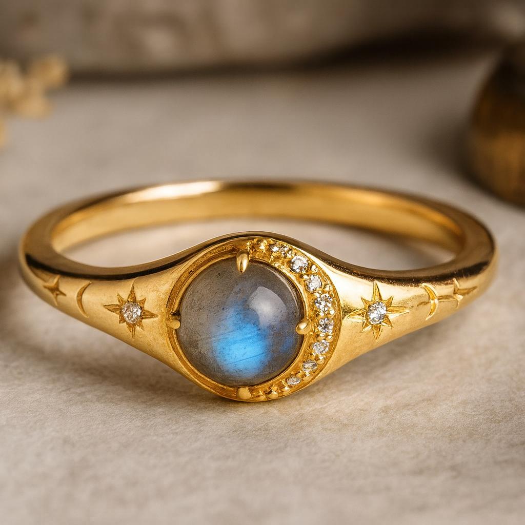 Round Shaped Labradorite Wedding Ring, CZ Diamond Statement Ring, Art Deco Star Ring , Gift for Her