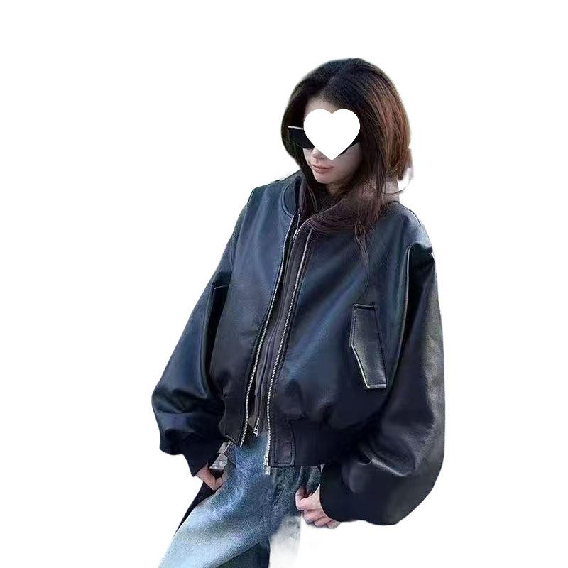 Women's Black Long Sleeve Zipper Leather Baseball Jacket - 2025 Spring/Autumn Retro Loose Motorcycle Style.