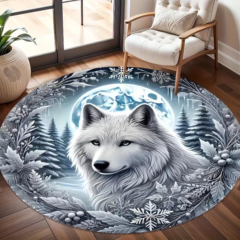 

Mystical Blue Wolf Round Area Rug Fantasy Sky Feather Star Print Soft Non-Slip Carpet for Living Room Bedroom Kids Playroom 80cm x 80cm