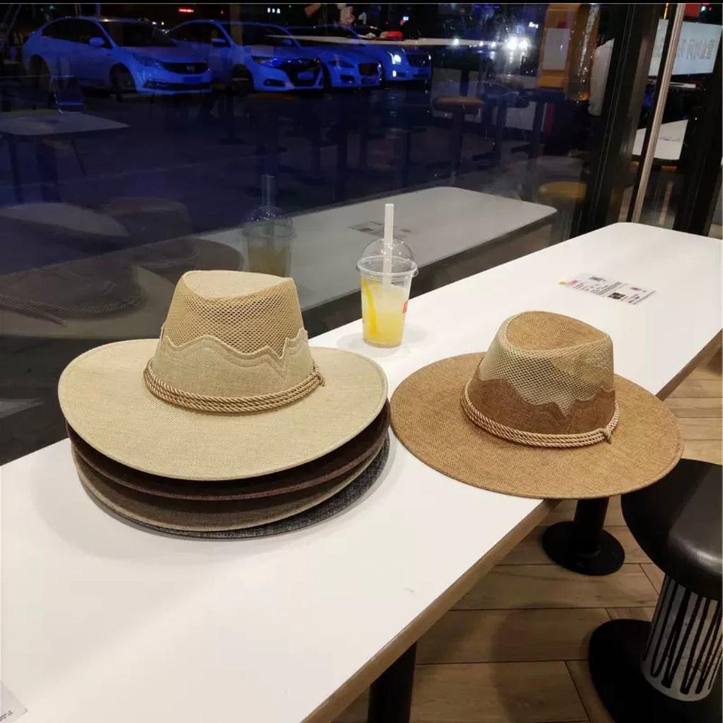 Neuer Western-Cowboyhut mit drei Seilen Touristenhut Sonnenschutz Sonnenhut Netz atmungsaktiv Leinen Jazzhut für Damen und Herren