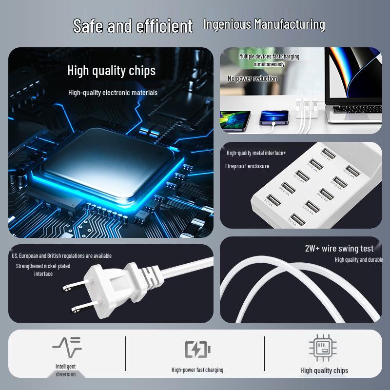 50W 10-Port USB Charger Power Strip for Apple & Xiaomi Devices