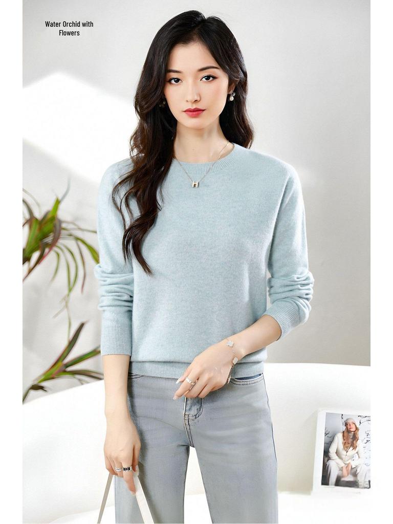 Dámský měkký kašmírový svetr s dlouhým rukávem a kulatým výstřihem - Módní, všestranný a pohodlný úplet.