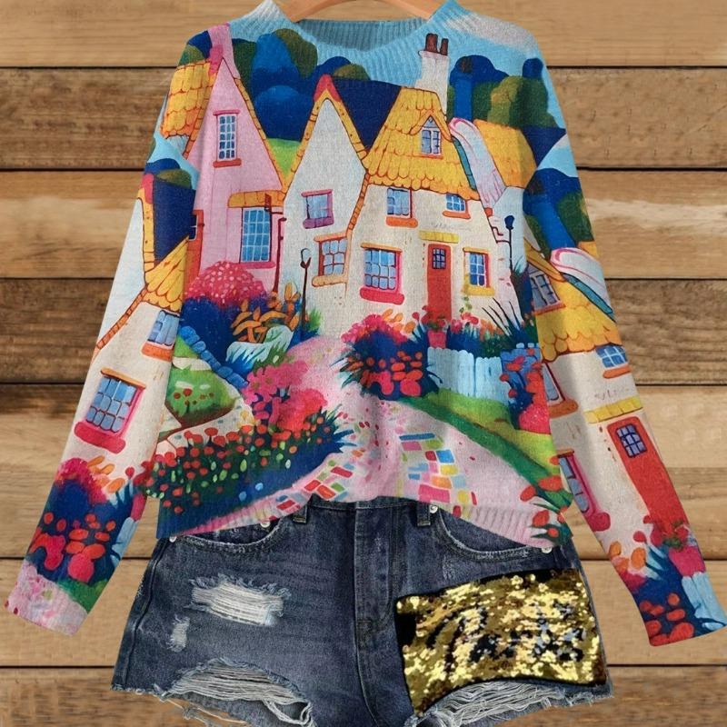 Women Clothing Stylish Vintage Print Chic Knitted Sweater Autumn Winter O Neck Long Sleeve Loose Pullover Tops Y2K Casual Jumper
