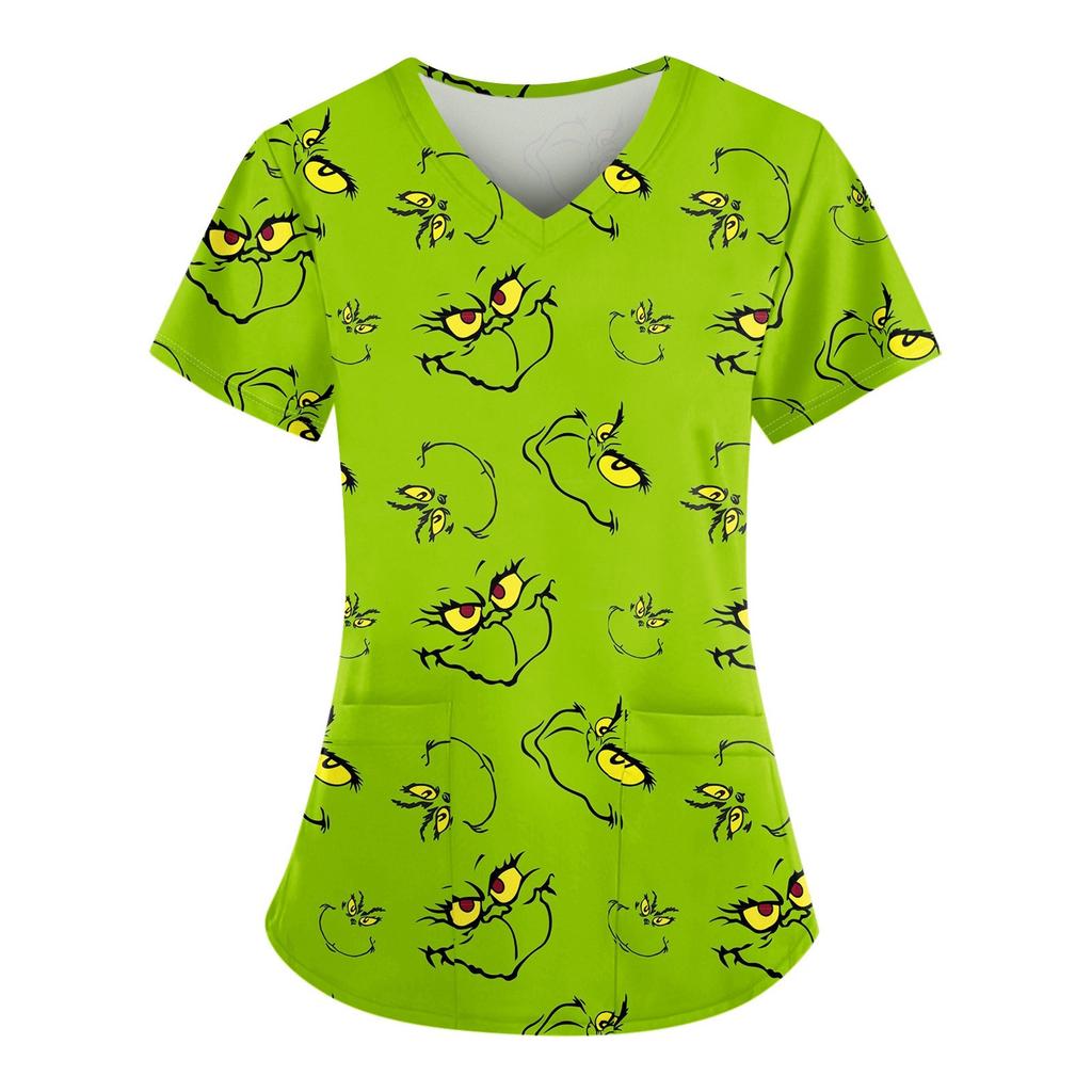 Women's Christmas Snowman Loose V-Neck Pocket Print Short Sleeve Slim Fit Top