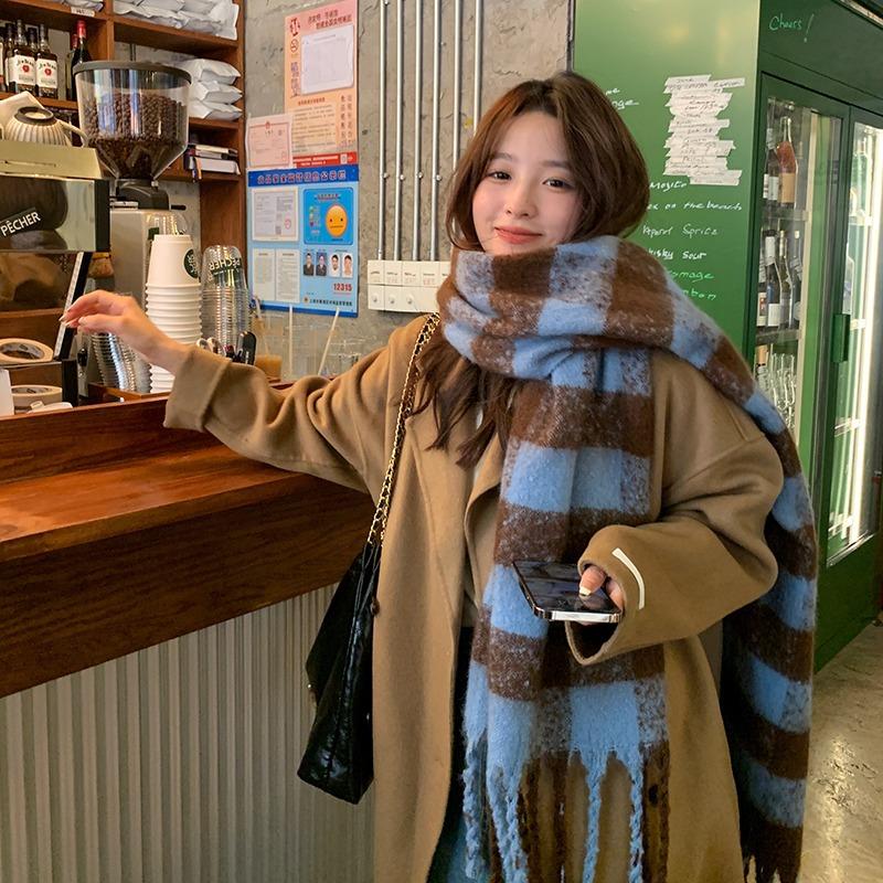 Autumn and Winter New Korean Style Blue Plaid Scarf Women's Winter Warm and Thickened Versatile Tassel Scarf Student Shawl