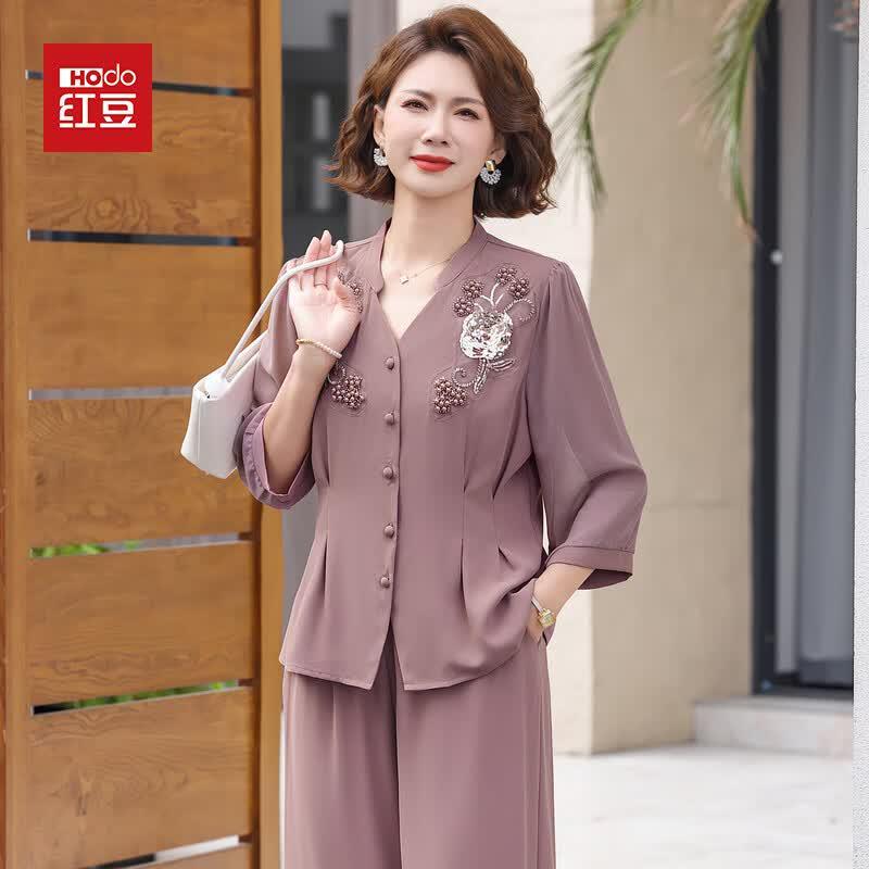 Hodo Women s Embroidered Seven-Point Sleeve Two-Piece Set XL