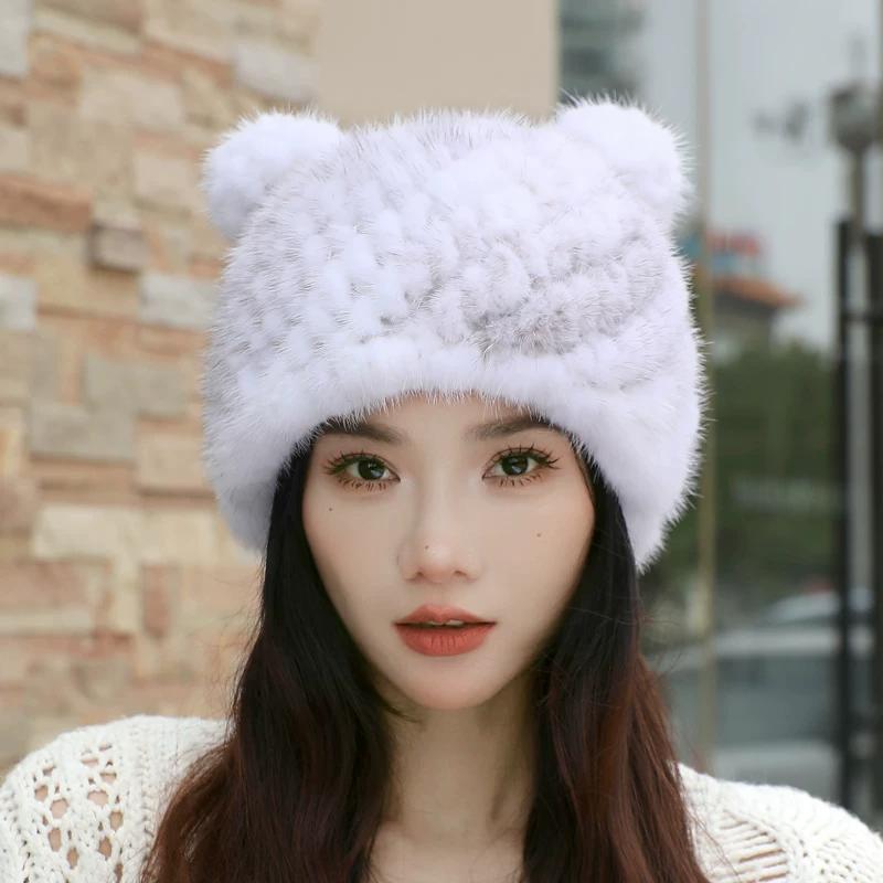 New Mink Hair Hat Warm Woven Wool Fox Hair Ball Cute Mickey Hat Fur Milliner Autumn and Winter