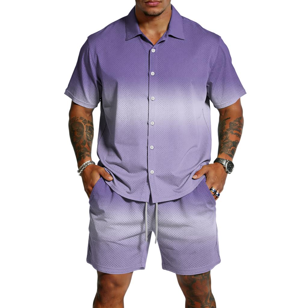 Men's Casual Short Sleeve Button Down Shirt and Drawstring Shorts Set Lightweight Breathable Summer Outfit with Gradient Design