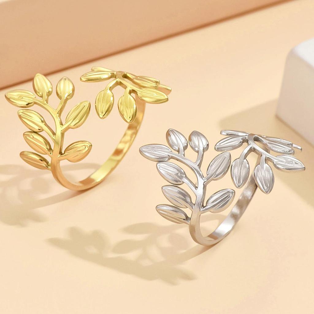 Elegant Gold Leaf Adjustable Stainless Steel Ring for Women - Durable, Fairy Forest Style