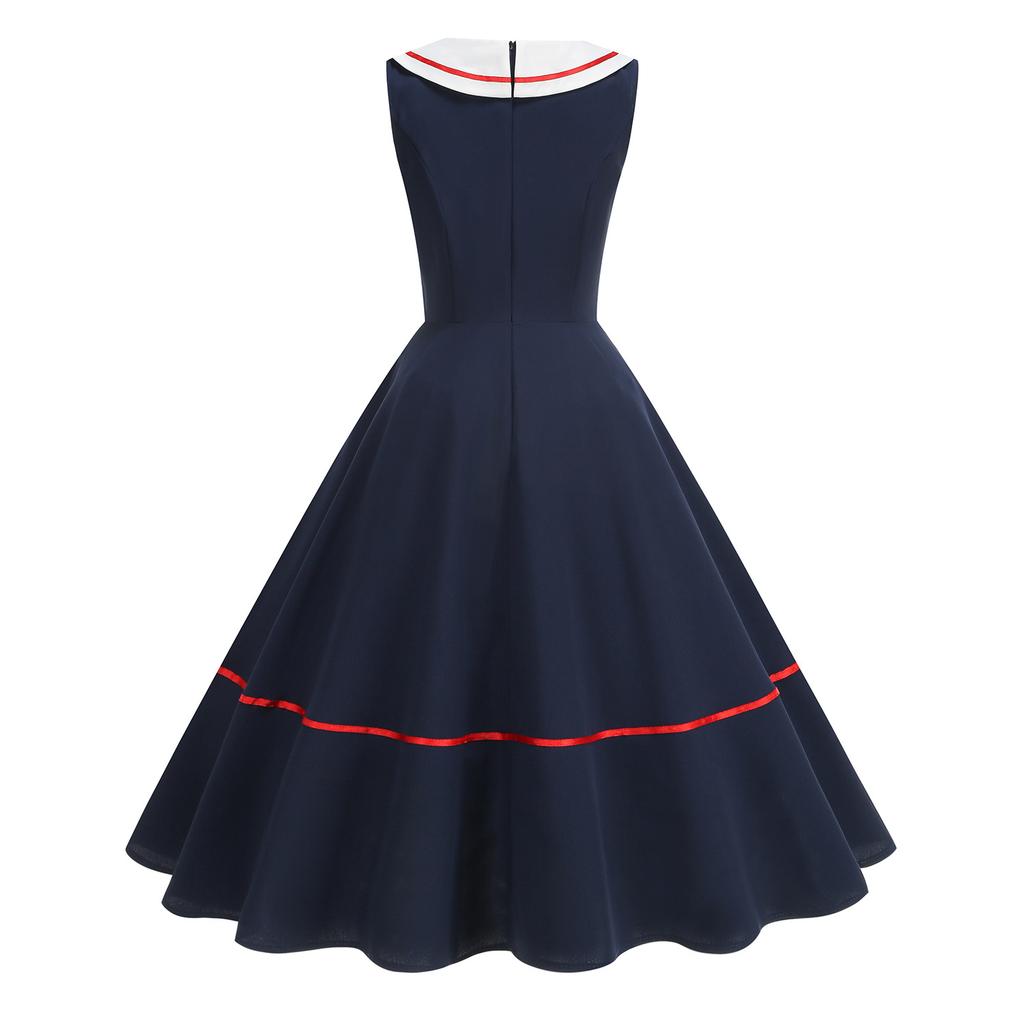 Retro Nautical-style Woven-strap Dress In a Hepburn-inspired Design, Featuring a Full Skirt and Mid-length Cut for a Sophisticated and Elegant Look