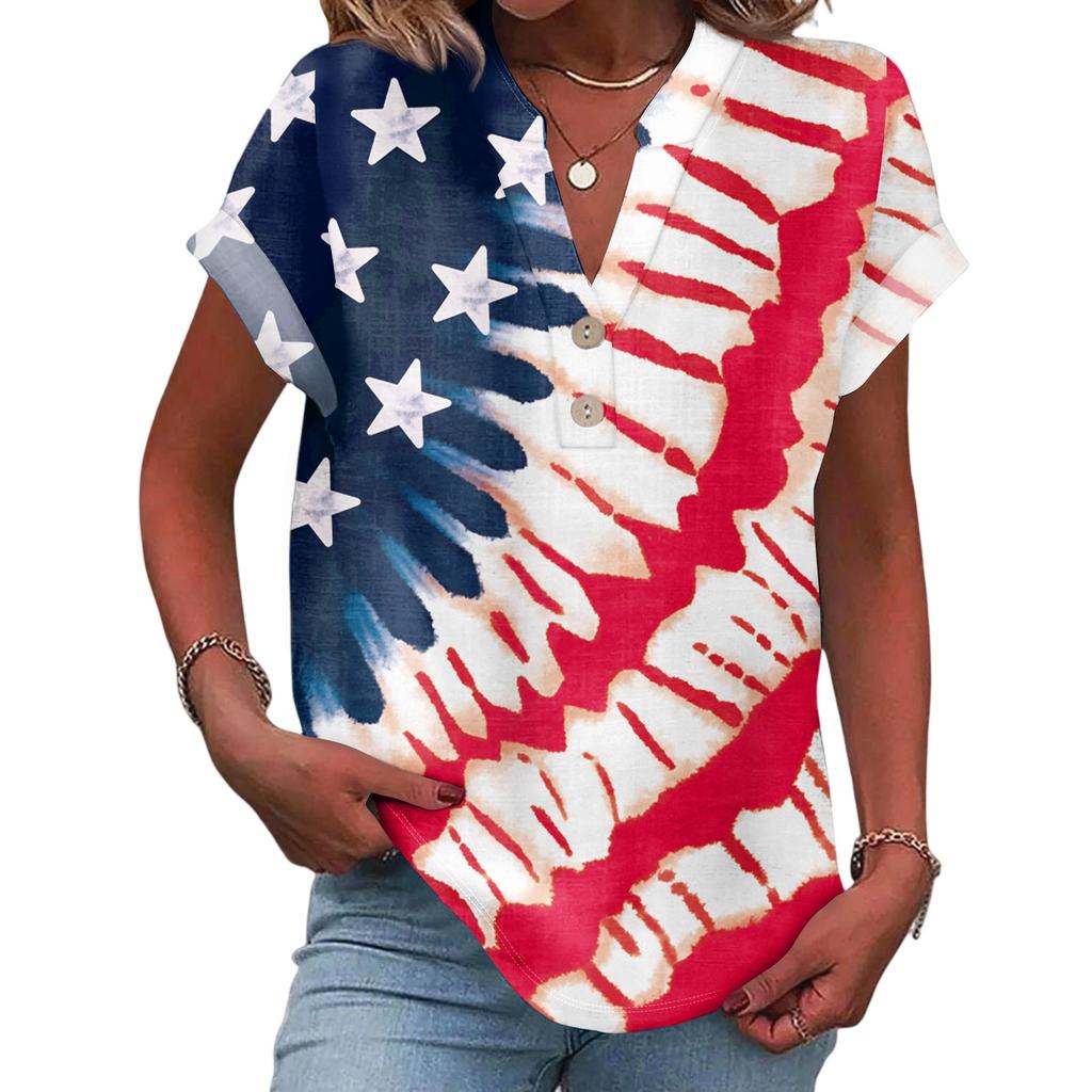 Women's Casual Fashion V-Neck Button Independence Day Print Short Sleeve Top