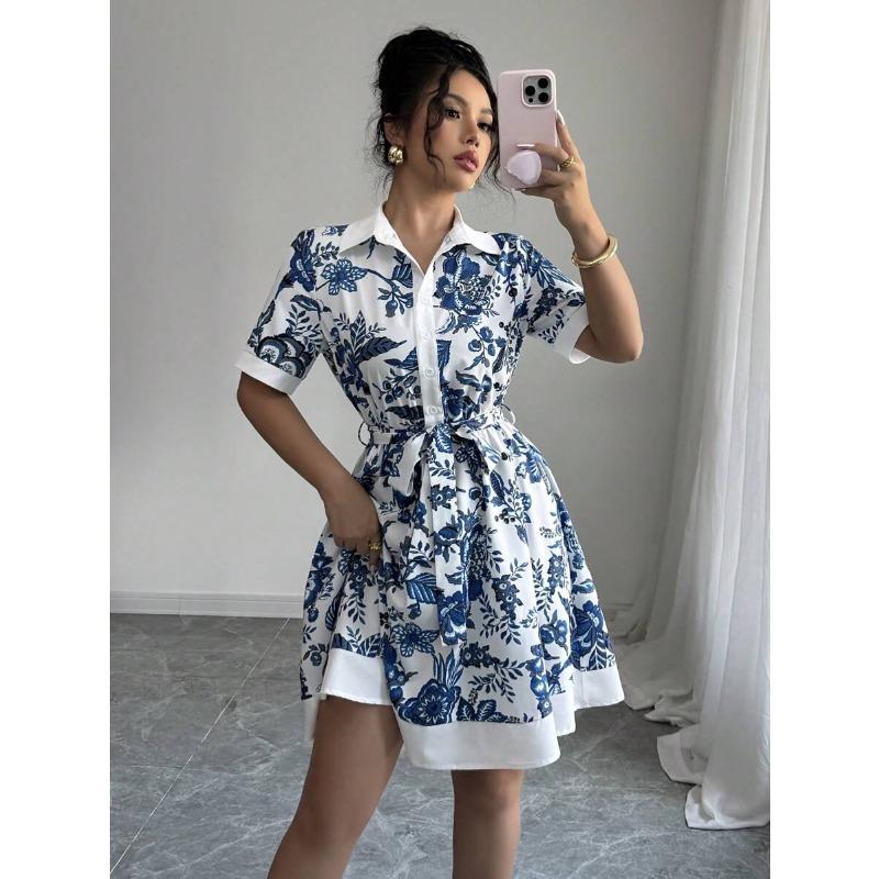 New, summer simple and fashionable waist printed strap short-sleeved dress women's clothing