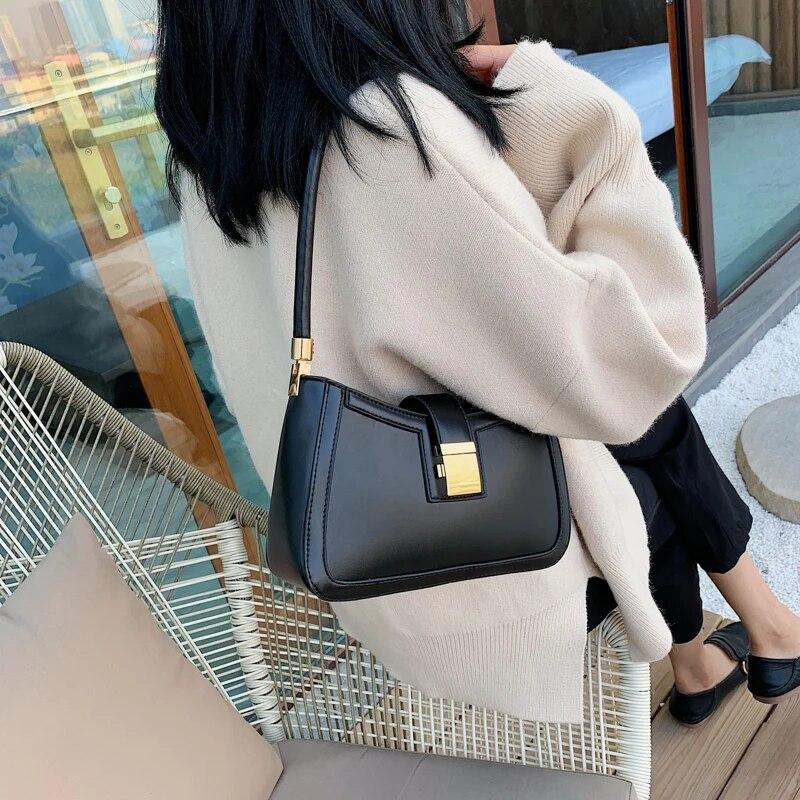 Shoulder Bags For Women Solid Color PU Leather 2024 Trend Lock Handbags Small Purse Hand Lady Designer Zipper Clutch
