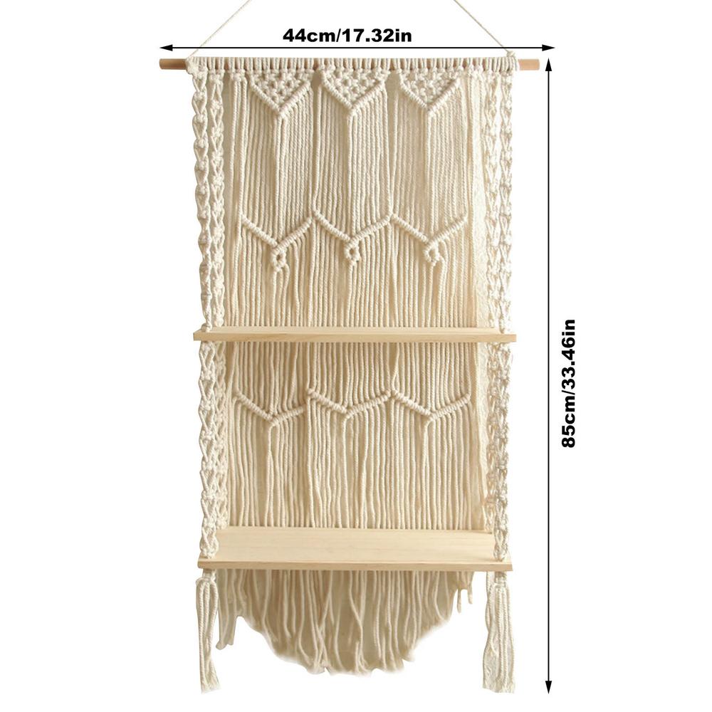 Bohemian Style Hand-Woven Wall Hanging Tapestry Wood Shelf Planter Basket 2 Tier Hanging Rack Art Wall Shelves Macrame
