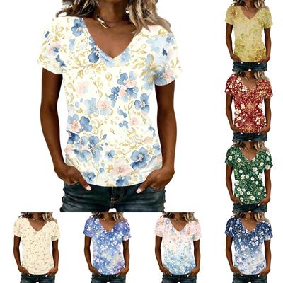 Damen Freizeit V-Ausschnitt Kurzarm Blumenmuster T-Shirt Top Leicht Entspannte Passform Bequeme Sommerbluse für den täglichen Gebrauch