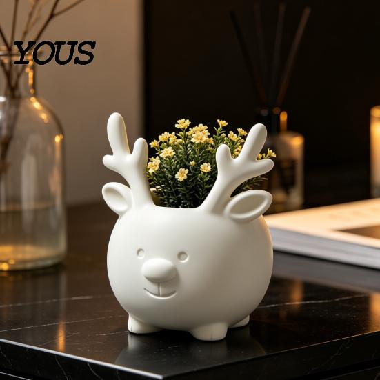 Ceramic Style Vase 3D Printed Reindeer Succulents Planter Pot for Indoor Plants, Decorative Desktop Office Desk Accessory Organizer, Christmas
