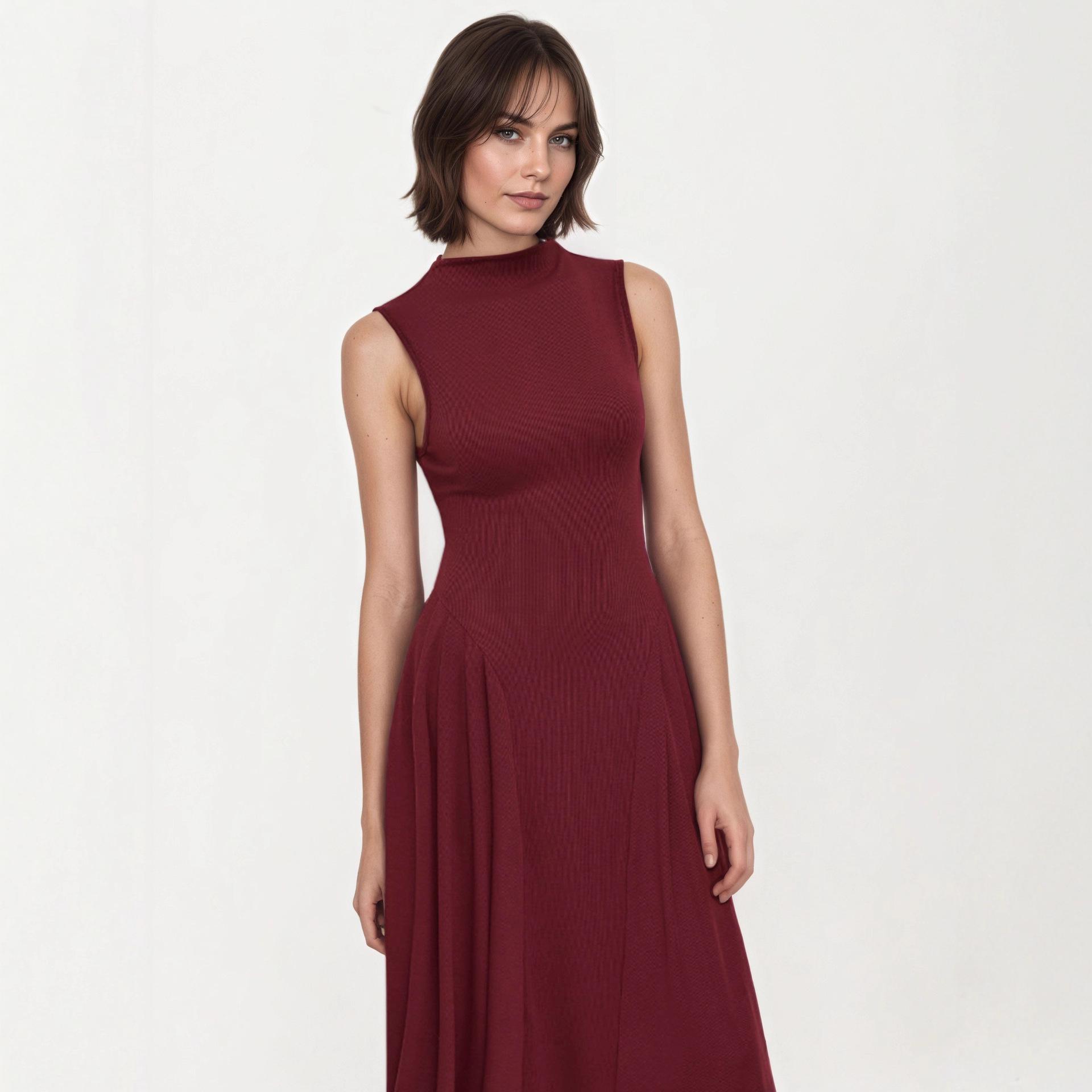 Elegant Sleeveless A-Line Summer Dress with Semi-High Neck - 2025 Collection M бордовый
