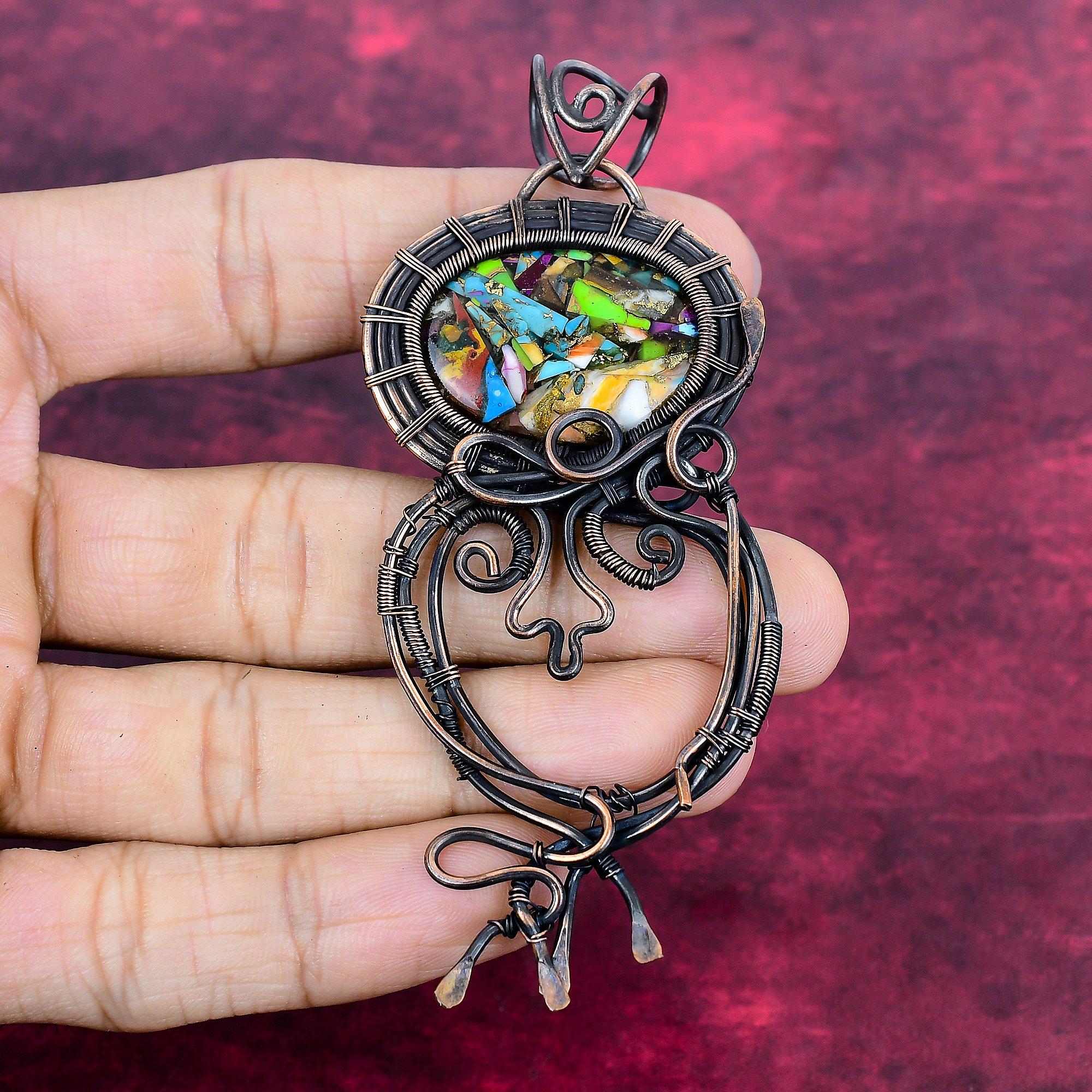 Королевский бирюзовый кулон Fiesta Ручная работа Медная проволока Обмотка Каменное ожерелье