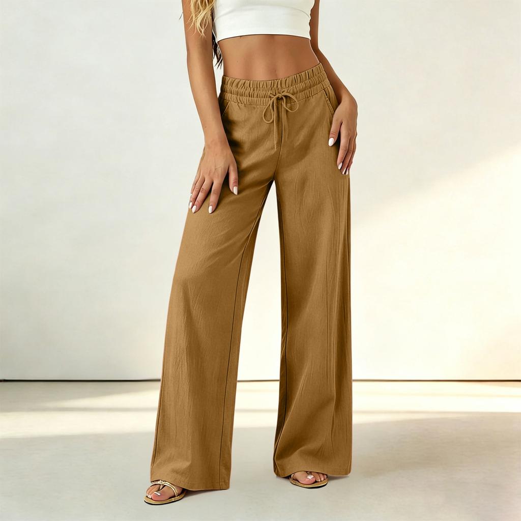 Women High Waist Loose Fit Trousers Drawstring Wide Leg Pants Elastic Waistband Casual Office Style Lightweight Fabric