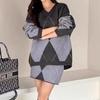 New soft waxy contrasting color rhombus grid knitted sweater set autumn and winter lazy wind comfortable and loose two-piece set