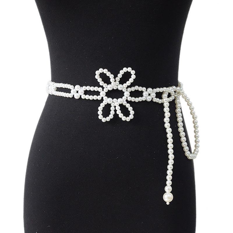 Meier Women s summer belt - floral buckle elastic pearl waist chain 55-100cm