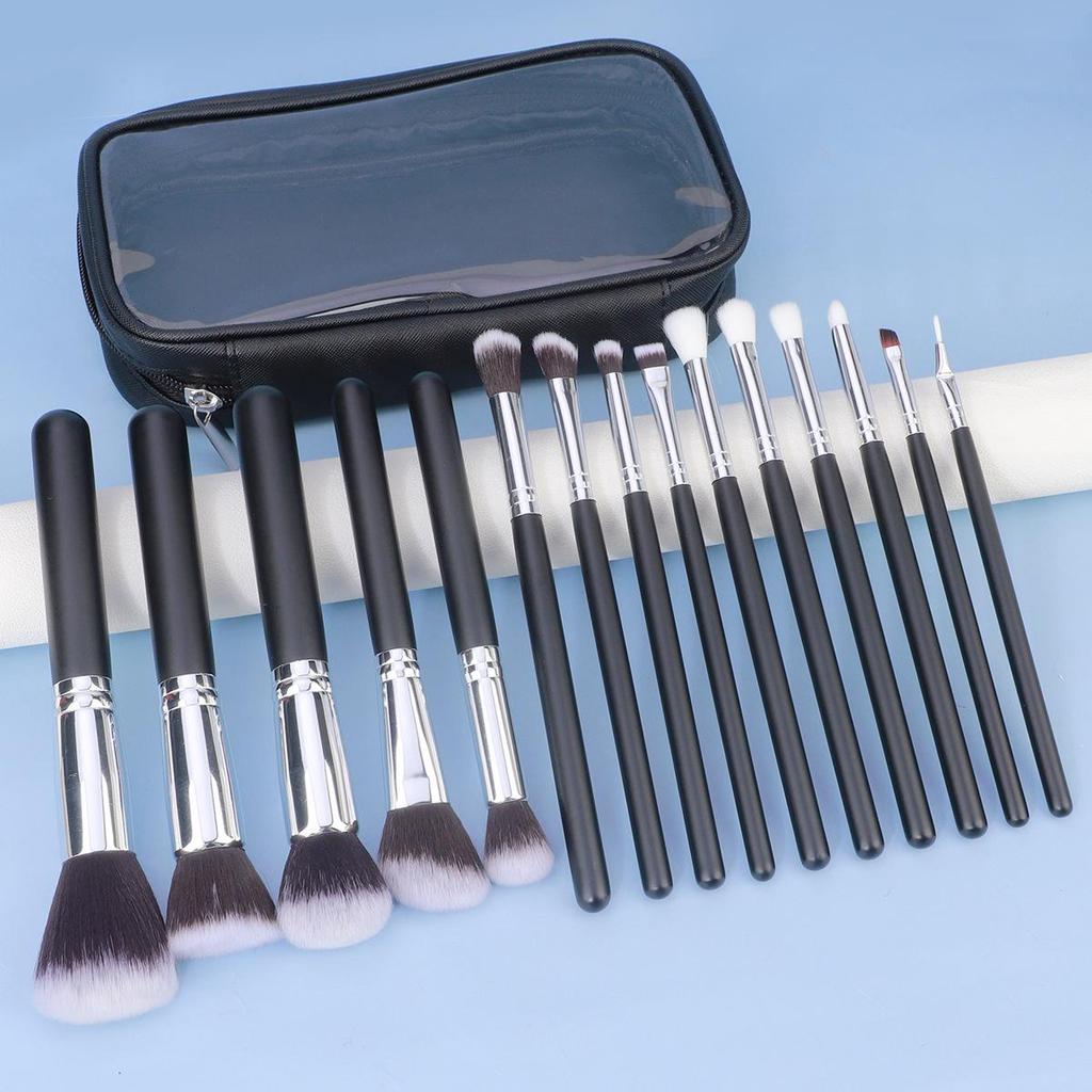 15-Piece Black & Silver Makeup Brush Set: Powder, Blush, Eyeshadow, Eyebrow & Highlighter Brushes with Soft Bristles