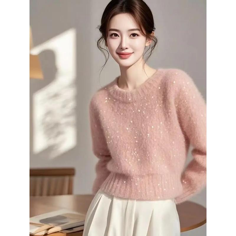 Solid Color Pullover Sequined Sweater for Women Autumn and Winter Fashionable Versatile Round Neck Top