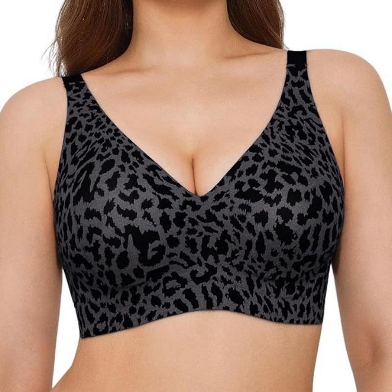 Coppa Gelatina Stampa Leopardo Scollatura a V Profonda Senza Cuciture Senza Ferretto Taglie Forti Comfort Intimo per Donne Uso Quotidiano