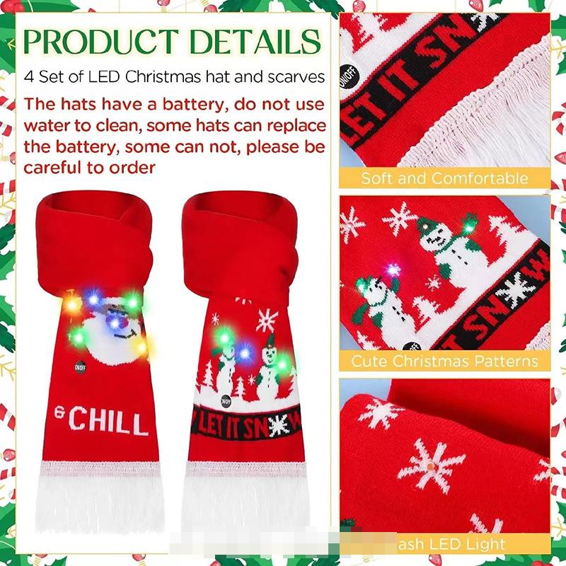 LED Svítící Los Žakárová Pletená Čepice a Šála Set na Vánoce a Nový Rok.