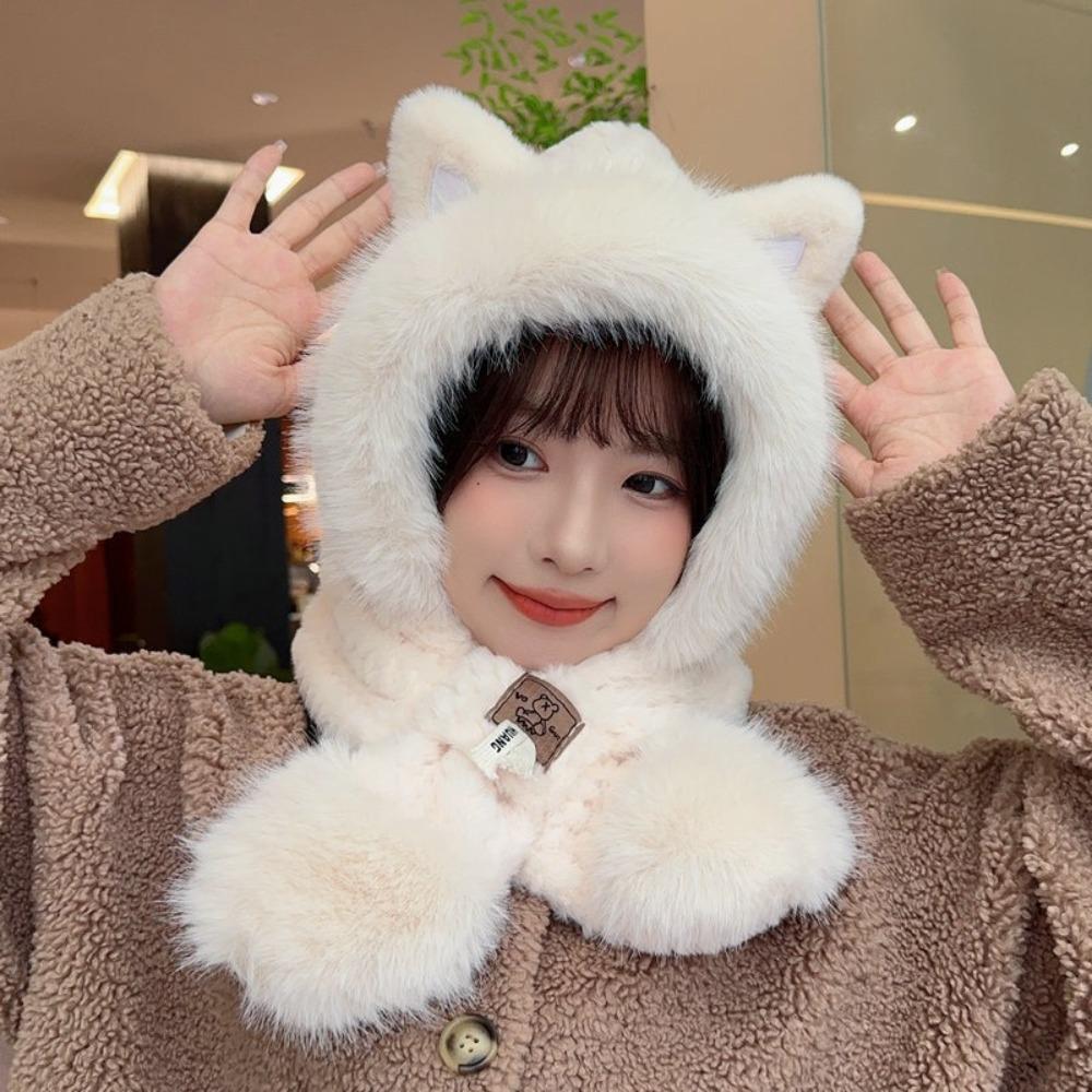 Cute Plush Beanie Hat Ear Protection Pullover Hats New Hat Scarf Kit for Girls Women
