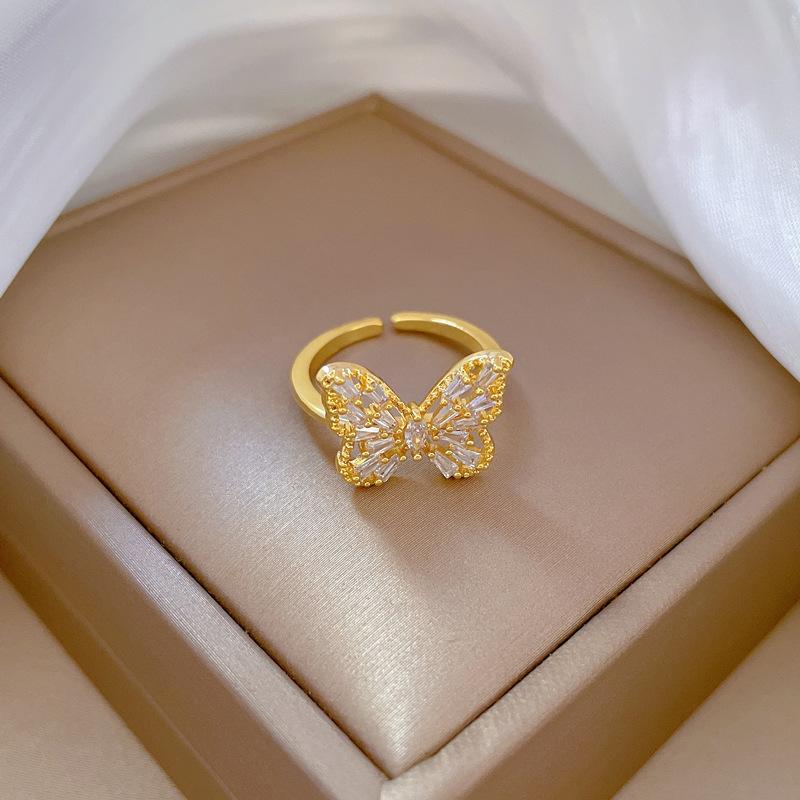 

Real Gold Electroplating Opening Heavy Industry Butterfly Fashion Slightly Inlaid Light Luxury Ring Index Finger Ring Same Cold Wind adjustable opening