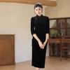 New Chinese Black Velvet Cheongsam Long-sleeved Simple Slim-fitting Waist Retro Style Cheongsam Seven-quarter-sleeved Split-ended Cheongsam Skirt