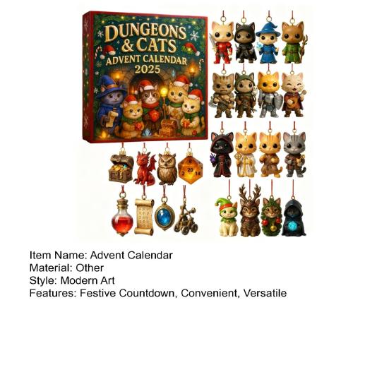 Dungeons & Cats Ημερολόγιο Advent 2025 24 Ημέρες Διακοσμητικά Έκπληξη με Θέμα Φανταστική Αιλουροειδή Διακόσμηση Αντίστροφης Μέτρησης Χριστουγέννων για Φανς Δέντρου