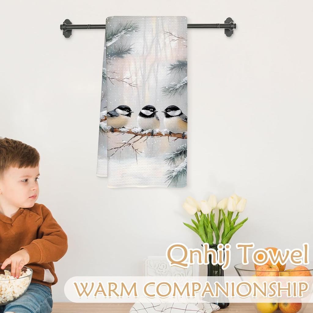 Winter Chickadee Bird Kitchen Towels, Bird Lovers Gifts for Women Men, Rustic Cottagecore Birds Decorative Hand Towels for Bathroom, Winter Kitchen