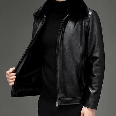 Men Coat Faux Fur Lapel Long Sleeve Faux Leather Jacket Thickened Velvet Lining Windproof Outwear Solid Color Zipper Placket Coat