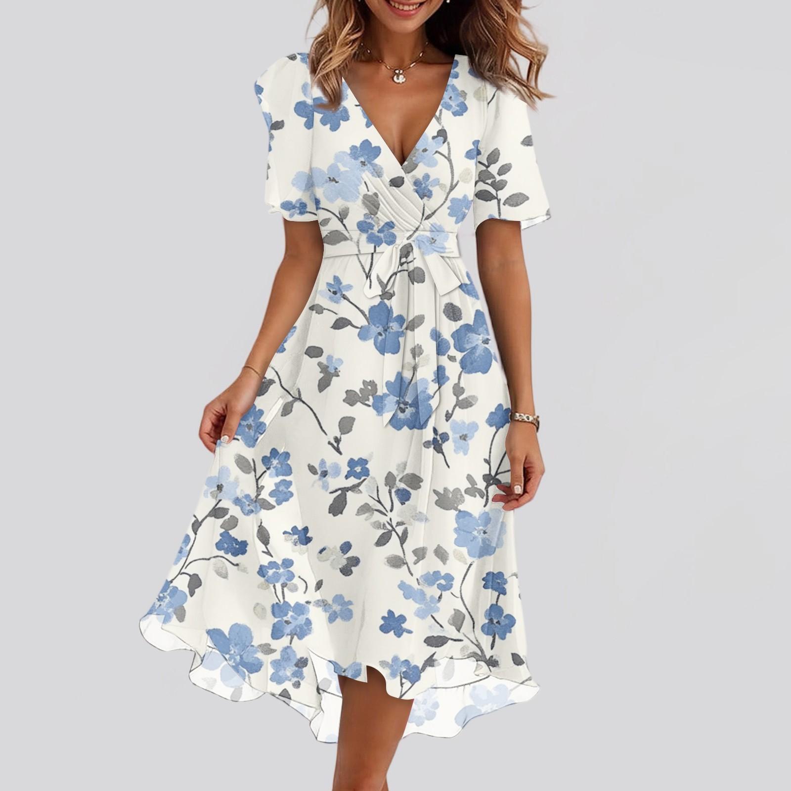 

Жіночі Модні Повсякденні Сукні з V-подібним Вирізом, Коротким Рукавом та Воланами, Вінтажні з Принтом M