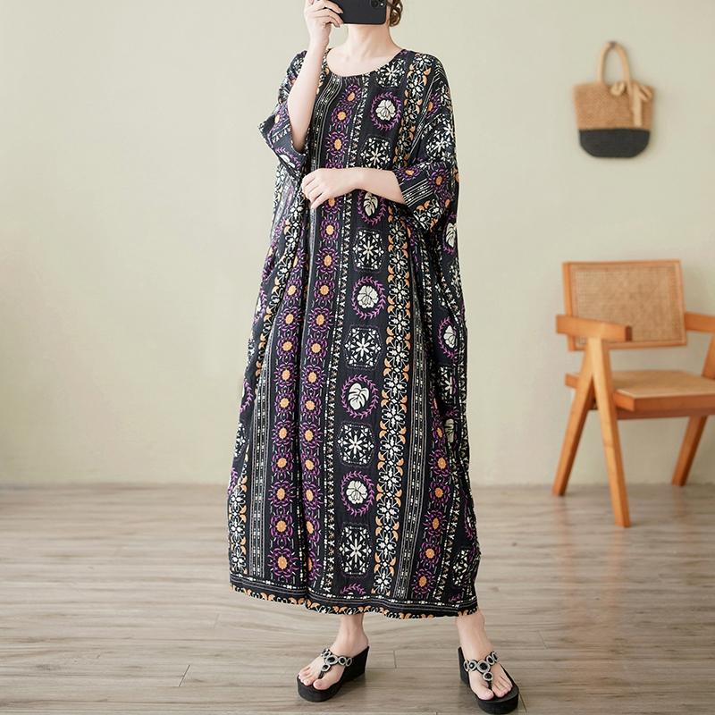 

Dimanaf 2025 Плюс Размер Летнее Платье Женское Новое Винтажное Богемное Печать Повседневное Длинное Платье Свободное Платье Макси One Size чёрный