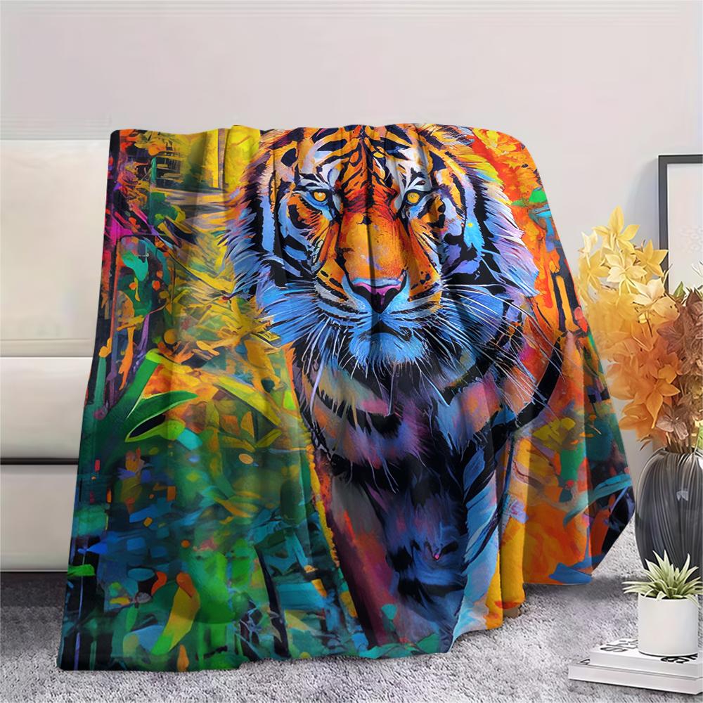 1Pc Tiger Fox Art Print Flannel Blanket, High Quality Comfortable for All Seasons, Home Decor, Warmth and Comfort, Perfect for Gifts