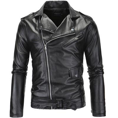 Men Motorcycle Slim Leather Jacket Stand-up Collar Cut Leather Jacket with Diagonal Zipper