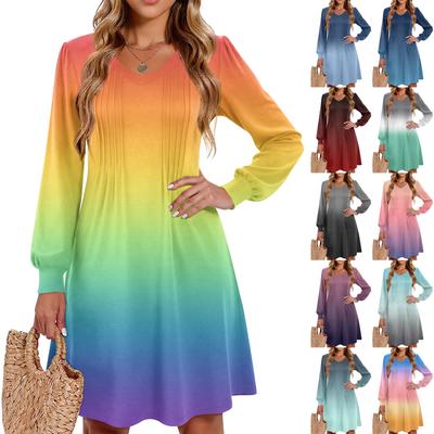 Ladies' Printed Casual And Fashionable V-neck Long Sleeved Mid Length Dress