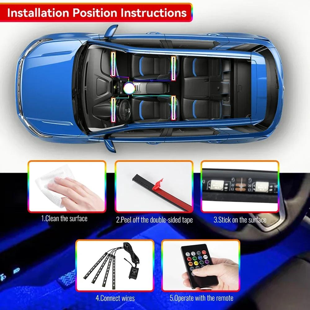 Car Interior Ambient Foot Light with USB Wireless Remote Music APP Control Auto RGB Atmosphere Decorative Lamp Neon 36 48 72 LED