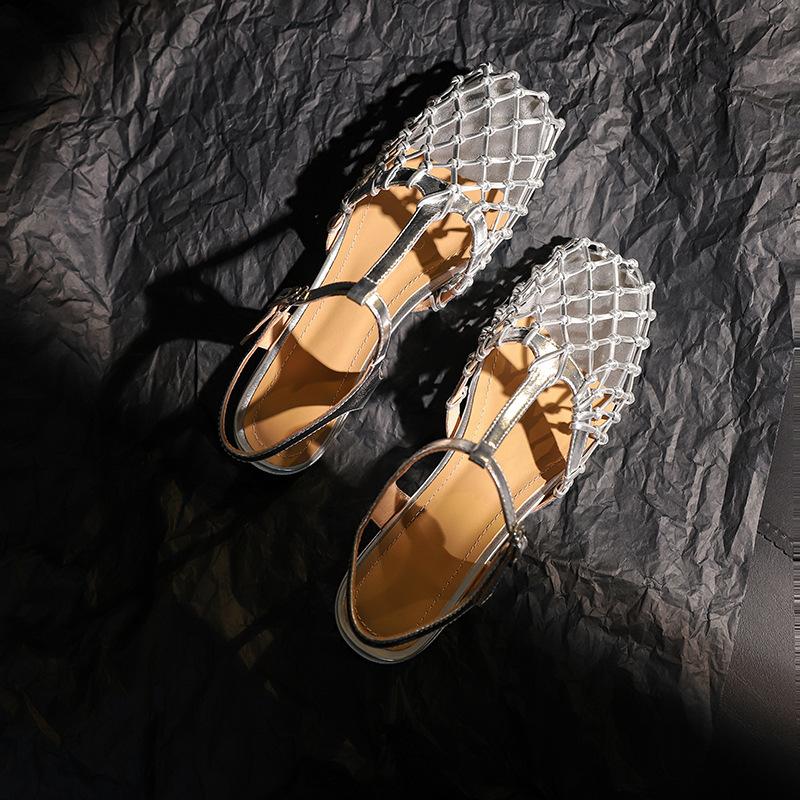 

French retro gold hollow mesh silver beautiful bag head sandals female summer fairy shoes empty shoes 42