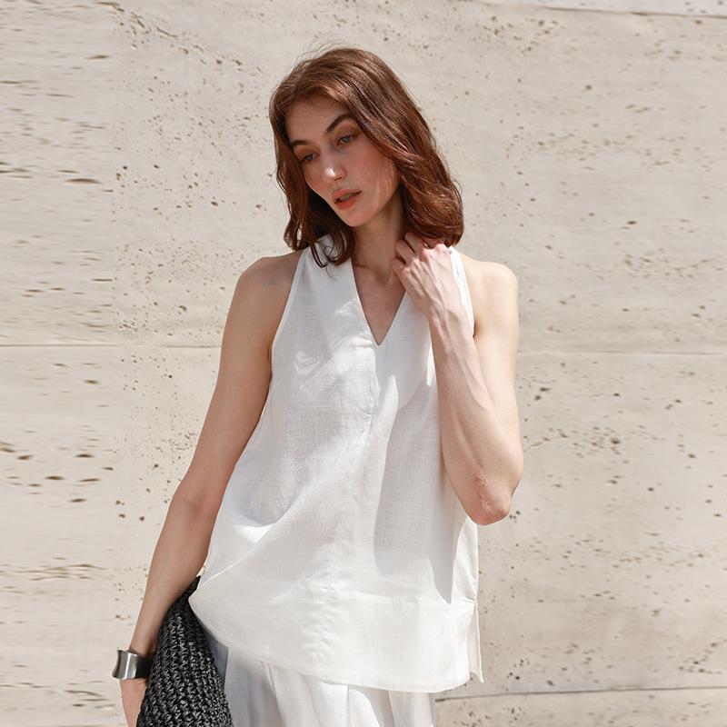 % Linen French V-neck neck vest women's summer new holiday style suspender top shirt T-shirt high-end