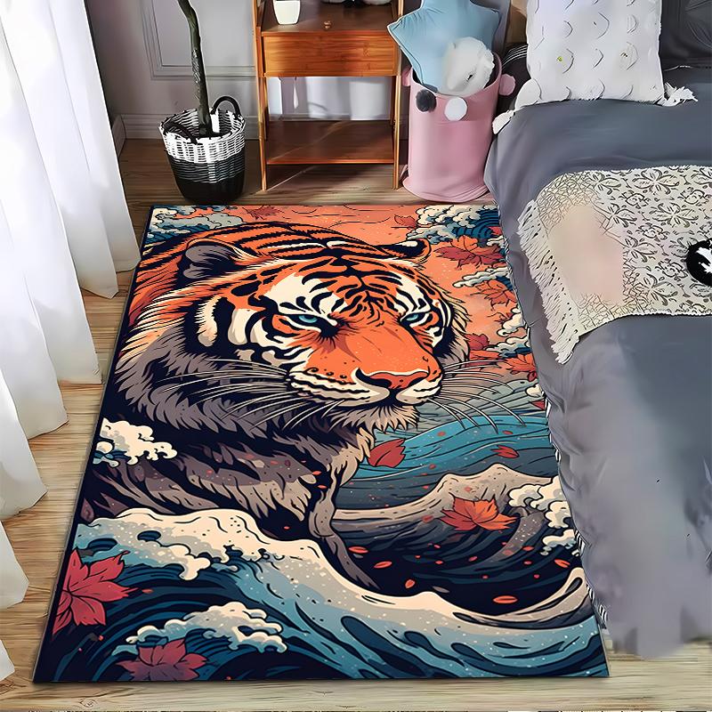 Majestic Tiger Rug in Vibrant Colors Surrounded by Waves Suitable for use as an anti-slip game mat for living room and bedroom sofas