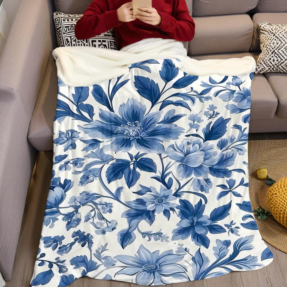 Blue Floral Porcelain - Style Flannel Blanket Warm Soft Halloween Christmas Couch Warm Cozy Decorative Decor Gift for All Season