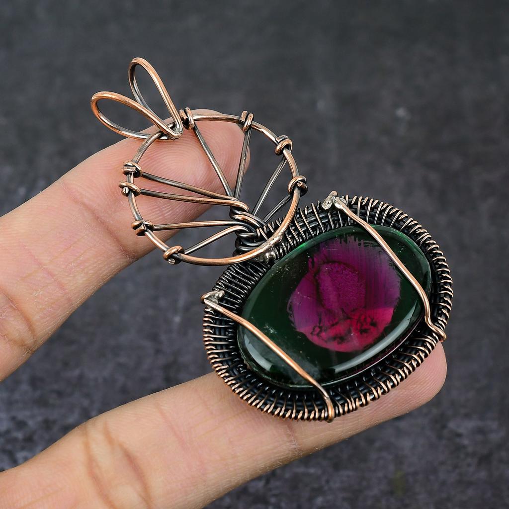 Pink Rubellite In Chrome Gemstone Handmade Copper Wire Wrap Pendant 2.76" n8F92